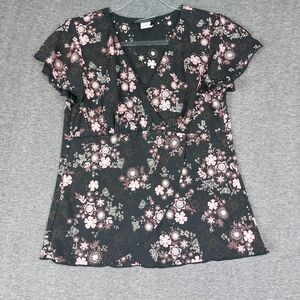 FASHION BUG WOMENS VINTAGE Y2K BLACK PINK FLORAL FLUTTER SLEEVE BABYDOLL TOP M